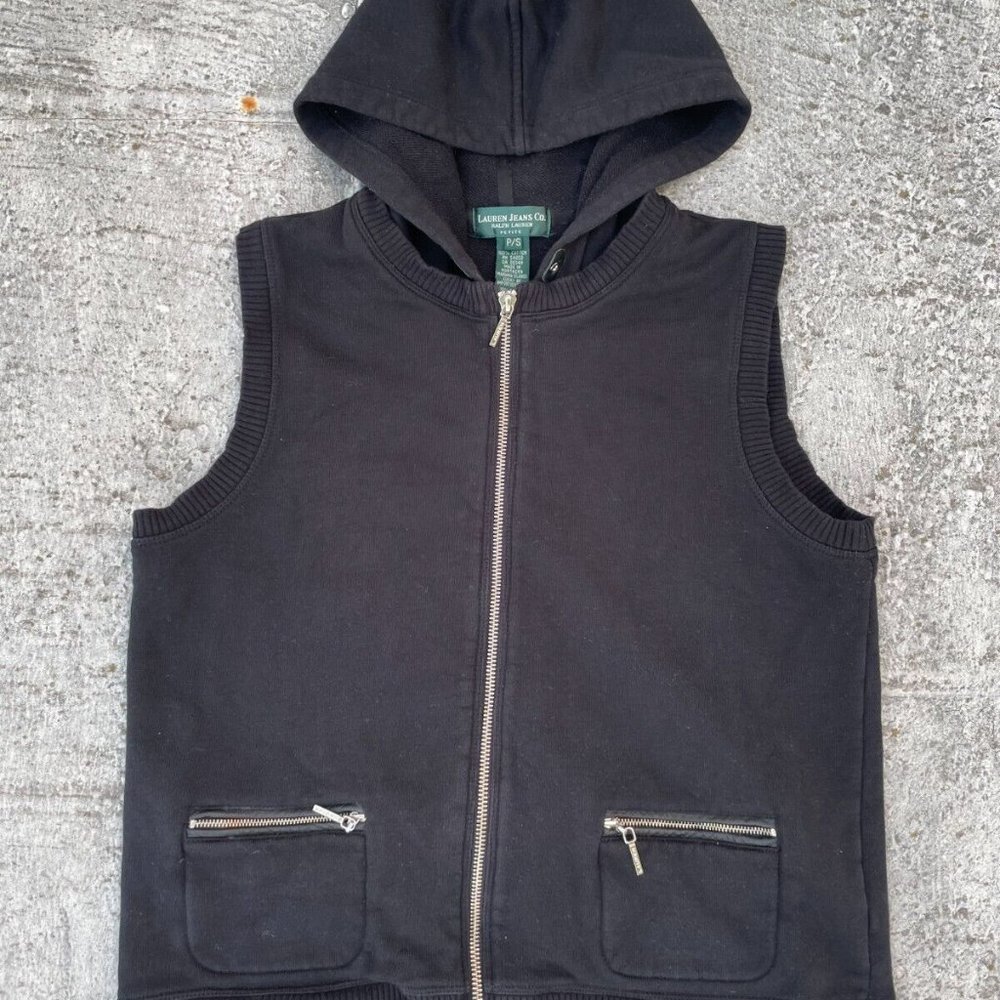 Ralph Lauren Petite Women Vest Black Cotton Hooded Zip Up Vest Size PS - Picture 3 of 11